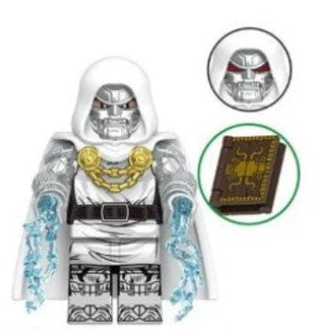 Doctor Doom LEGO minifigure, armored villain custom LEGO, green cloak monarch figure, fan-made Fantastic Four enemy, Marvel villain inspired toy, metal mask brick figure, LEGO compatible villain
