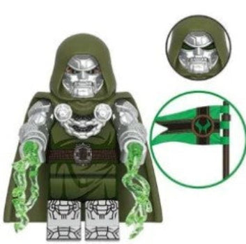 Doctor Doom LEGO minifigure, armored villain custom LEGO, green cloak monarch figure, fan-made Fantastic Four enemy, Marvel villain inspired toy, metal mask brick figure, LEGO compatible villain
