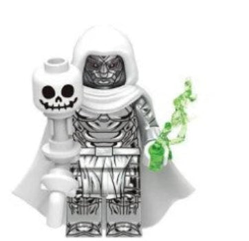 Doctor Doom LEGO minifigure, armored villain custom LEGO, green cloak monarch figure, fan-made Fantastic Four enemy, Marvel villain inspired toy, metal mask brick figure, LEGO compatible villain
