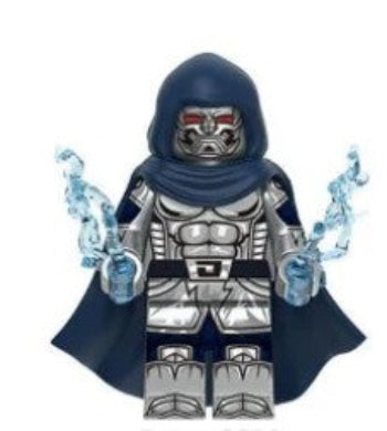 Doctor Doom LEGO minifigure, armored villain custom LEGO, green cloak monarch figure, fan-made Fantastic Four enemy, Marvel villain inspired toy, metal mask brick figure, LEGO compatible villain
