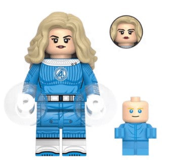 Invisible Woman LEGO minifigure  
custom superhero minifig  
stealth powers minifigure  
blue suit comic hero toy  
LEGO compatible female superhero  
fan-made Fantastic Four figure  
power shield minifig  
invisibility powers brick toy  
Sue Storm inspired figure