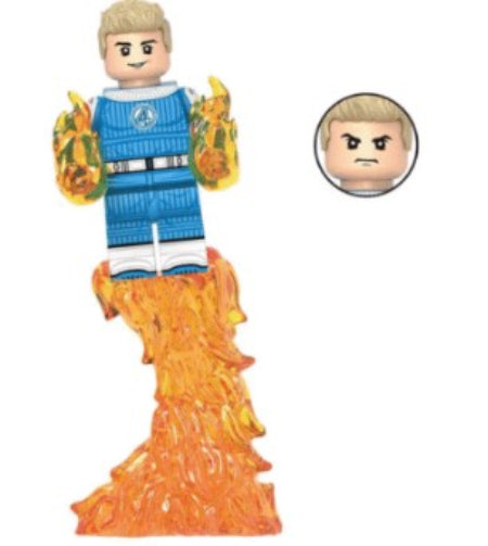 Human Torch LEGO minifigure, flame hero custom figure, fire-powered superhero minifig, fan-made Fantastic Four, LEGO compatible flying figure, Johnny Storm inspired toy, fire minifig collectible, superhero flame powers