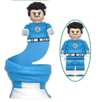 Mr Fantastic LEGO minifigure, stretchy superhero minifig, Fantastic Four custom figure, elastic hero LEGO, genius scientist minifigure, fan-made Marvel figure, blue suit superhero toy, LEGO compatible superhero