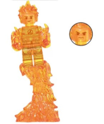 Human Torch LEGO minifigure, flame hero custom figure, fire-powered superhero minifig, fan-made Fantastic Four, LEGO compatible flying figure, Johnny Storm inspired toy, fire minifig collectible, superhero flame powers
