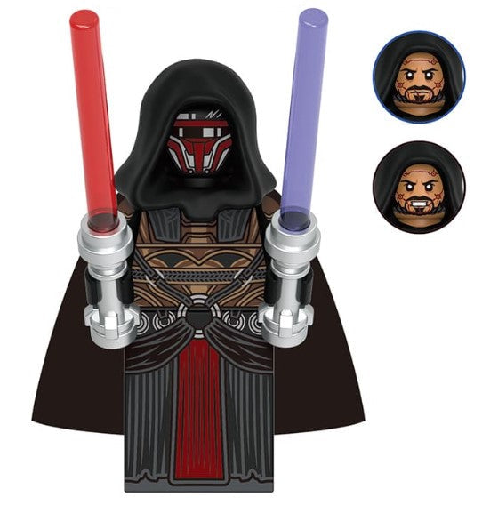 “Custom masked sith warlord minifigure with dark armor and dual sabers, LEGO-compatible”