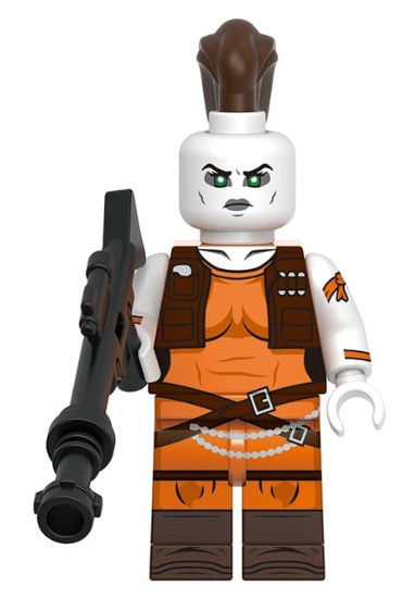 “Custom alien bounty huntress minifigure with orange jumpsuit, antenna headpiece, and blaster accessory, LEGO-compatible”