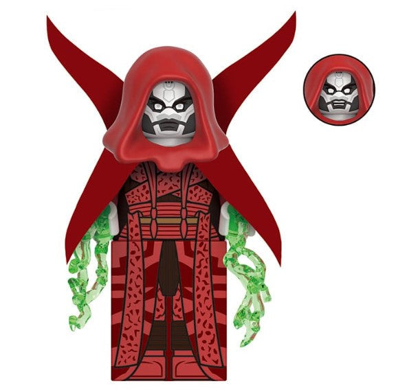 “Custom dark witch sorceress minifigure with cloak and magic staff accessory, LEGO-compatible”