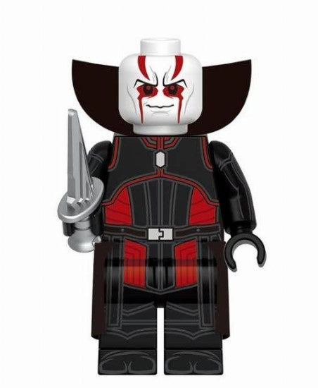 “Custom dark side avatar minifigure with black cloak and crimson saber accessory, LEGO-compatible”