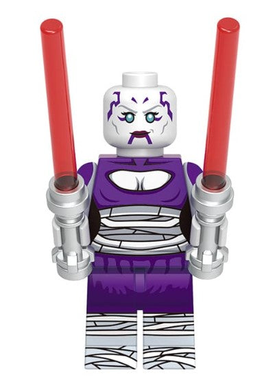 “Custom dark twin-blade assassin minifigure with cloak and dual sabers, LEGO-compatible”