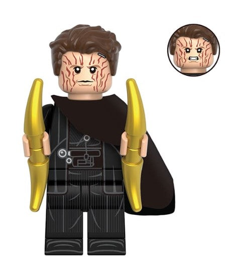 “Custom crimson syndicate boss minifigure with scarred face and dual blades, LEGO-compatible”