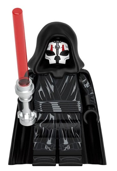 “Custom masked void lord minifigure with black cloak and crimson saber accessory, LEGO-compatible”
