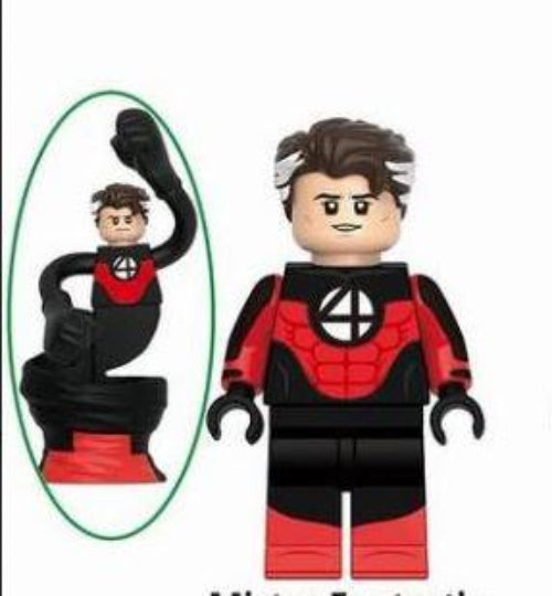 Mr Fantastic LEGO minifigure, stretchy superhero minifig, Fantastic Four custom figure, elastic hero LEGO, genius scientist minifigure, fan-made Marvel figure, blue suit superhero toy, LEGO compatible superhero