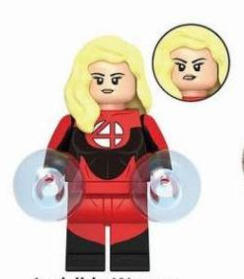 "Invisible Woman custom LEGO minifigure with blue suit, blonde hair, and translucent force-field accessory"
