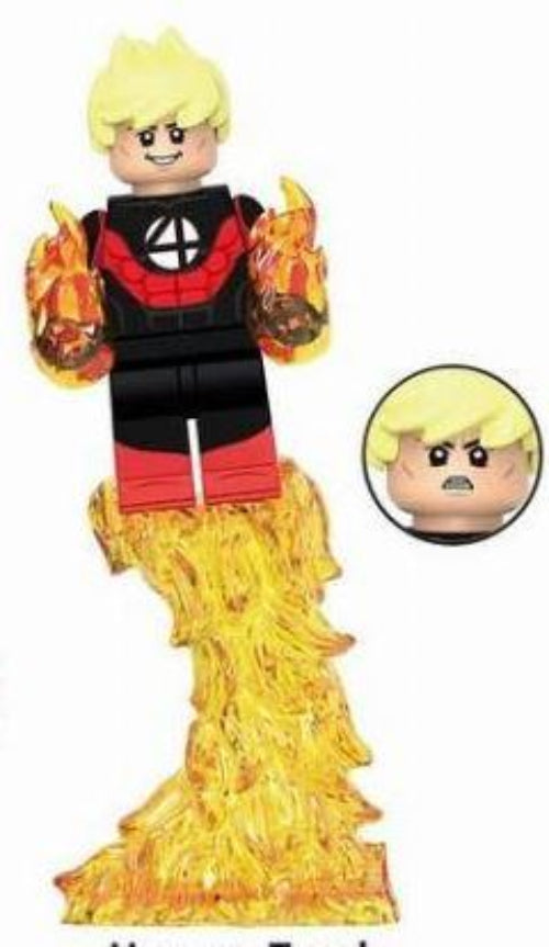 Human Torch LEGO minifigure, flame hero custom figure, fire-powered superhero minifig, fan-made Fantastic Four, LEGO compatible flying figure, Johnny Storm inspired toy, fire minifig collectible, superhero flame powers