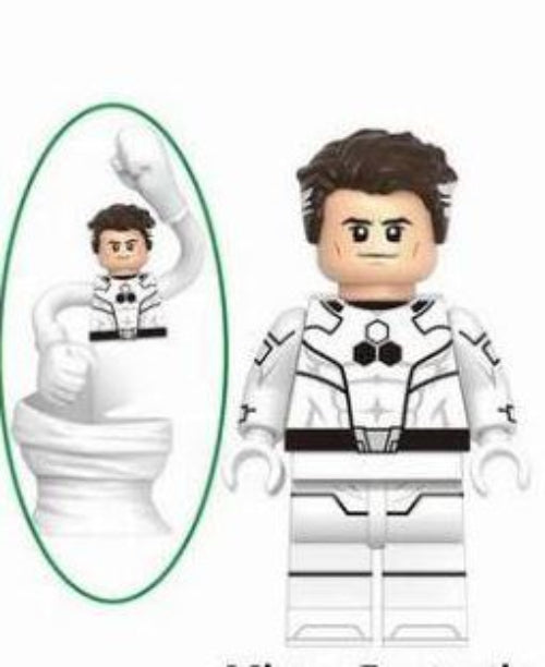 Mr Fantastic LEGO minifigure, stretchy superhero minifig, Fantastic Four custom figure, elastic hero LEGO, genius scientist minifigure, fan-made Marvel figure, blue suit superhero toy, LEGO compatible superhero