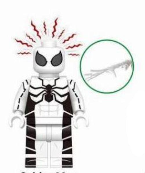 “Custom white suit web-slinger minifigure with masked head and web accessories, LEGO-compatible”