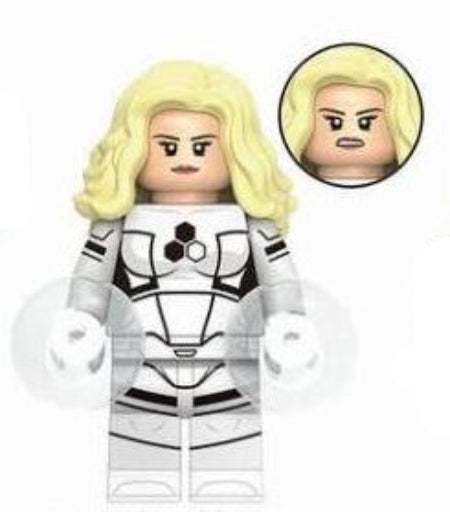 "Invisible Woman custom LEGO minifigure with blue suit, blonde hair, and translucent force-field accessory"