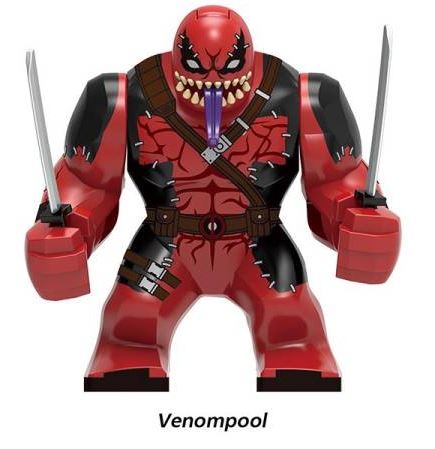 Custom LEGO Deadpool and Marvel characters minifigures featuring vibrant designs, dynamic poses, and detailed accessories, merging iconic comic styles with anime influences, showcasing each character's unique personality and signature weapons in a playful, action-packed setting.