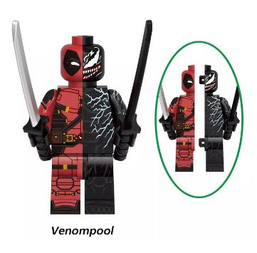 Custom LEGO Deadpool and Marvel characters minifigures featuring vibrant designs, dynamic poses, and detailed accessories, merging iconic comic styles with anime influences, showcasing each character's unique personality and signature weapons in a playful, action-packed setting.