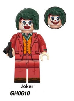 Custom LEGO Joker minifigure showcasing her iconic red and black costume, playful pigtails, and accessories like a mallet and joker-themed elements, reflecting her mischievous character.