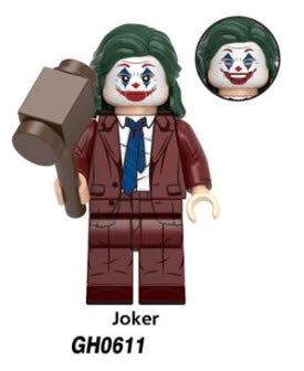 Custom LEGO Joker minifigure showcasing her iconic red and black costume, playful pigtails, and accessories like a mallet and joker-themed elements, reflecting her mischievous character.