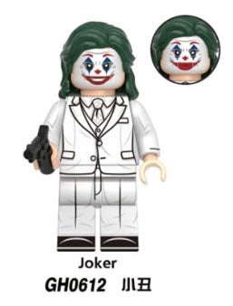 Custom LEGO Joker minifigure showcasing her iconic red and black costume, playful pigtails, and accessories like a mallet and joker-themed elements, reflecting her mischievous character.