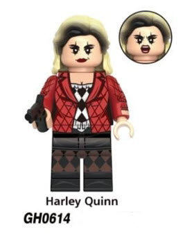 Custom LEGO Harley Quinn minifigure showcasing her iconic red and black costume, playful pigtails, and accessories like a mallet and joker-themed elements, reflecting her mischievous character.