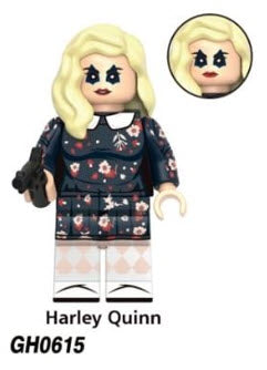 Custom LEGO Harley Quinn minifigure showcasing her iconic red and black costume, playful pigtails, and accessories like a mallet and joker-themed elements, reflecting her mischievous character.