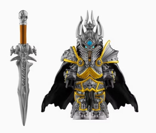 lich king LEGO minifigure  
fantasy death knight minifig  
ice king custom figure  
warcraft inspired brick toy  
fan made armored villain LEGO  
frozen realm minifigure  
dark fantasy LEGO compatible  
