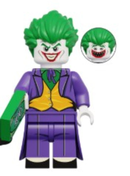 joker LEGO minifig, clown prince villain toy, gotham crime boss LEGO-compatible figure