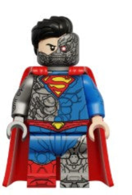 superman LEGO minifig, blue red cape hero toy, man of power LEGO-compatible figure