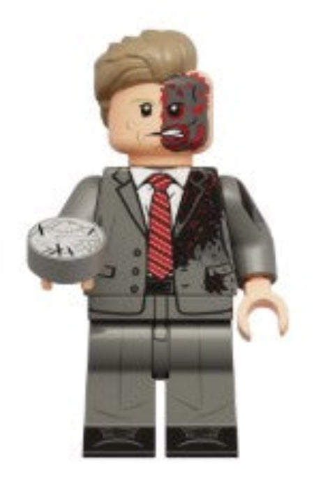 two face LEGO minifig, split suit villain toy, dual justice LEGO-compatible figure