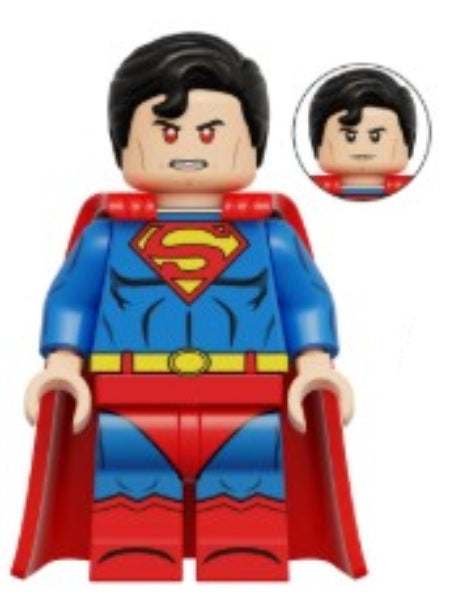 superman LEGO minifig, blue red cape hero toy, man of power LEGO-compatible figure