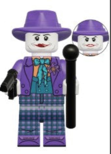 joker LEGO minifig, clown prince villain toy, gotham crime boss LEGO-compatible figure