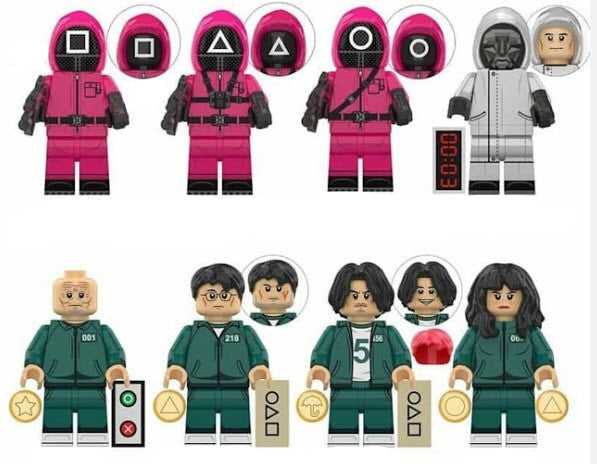 Custom minifigure with pink jumpsuit and black mask inspired by popular survival game series, LEGO-compatible
