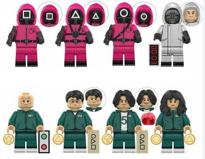 Custom minifigure with pink jumpsuit and black mask inspired by popular survival game series, LEGO-compatible
