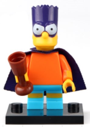 Bartman Custom LEGO Minifigure with purple mask, blue cape, and red shirt