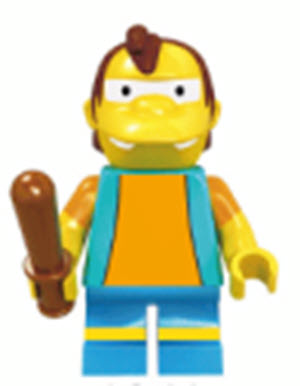 Nelson Muntz Custom LEGO Minifigure with blue vest, orange shirt, and brown hair