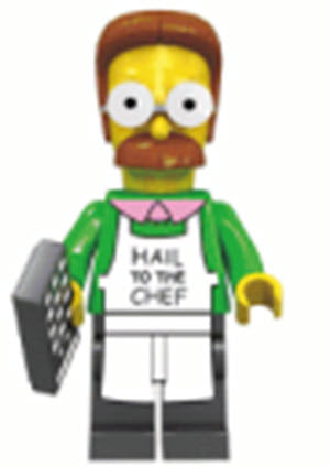 Ned Flanders Custom LEGO Minifigure with chef apron, green sweater, and brown mustache