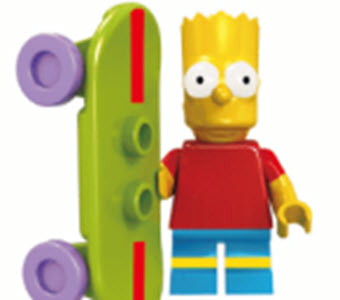 Bart Simpson Custom LEGO Minifigure with skateboard, red shirt, blue shorts, and yellow spiky hair