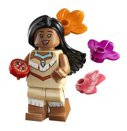 "Pocahontas custom LEGO minifigure with tan dress, turquoise necklace, and black hair"