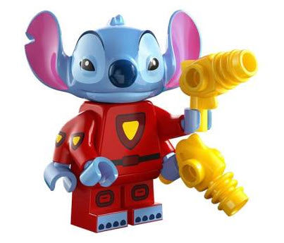 "Stitch 626 custom LEGO minifigure with blue fur, large ears, and alien design"