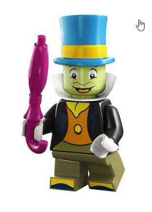 "Jiminy Cricket custom LEGO minifigure with blue top hat, black coat, and umbrella"