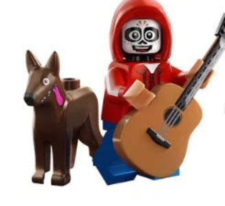 "Miguel custom LEGO minifigure in red hoodie with white Day of the Dead guitar"