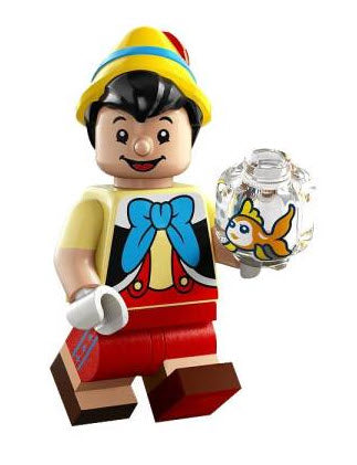 "Pinocchio custom LEGO minifigure with yellow hat, red shorts, and smiling face"
