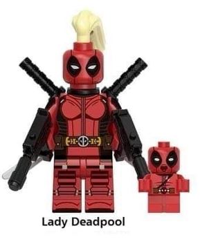 Custom LEGO Deadpool and Marvel characters minifigures featuring vibrant designs, dynamic poses, and detailed accessories, merging iconic comic styles with anime influences, showcasing each character's unique personality and signature weapons in a playful, action-packed setting.