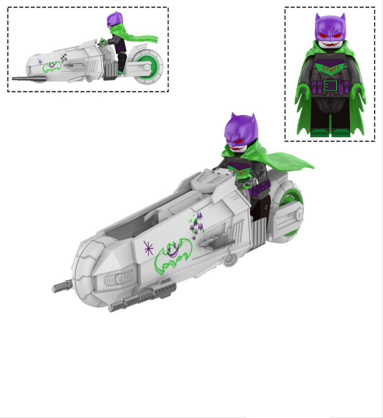 Joker Knight Custom LEGO Minifigure with Twisted Bat Bike – High-Quality ABS Plastic LEGO-Compatible Fan Set