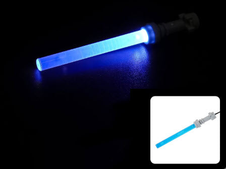 "USB plug-in LEGO-compatible lightsaber with glowing blade for minifigure use"