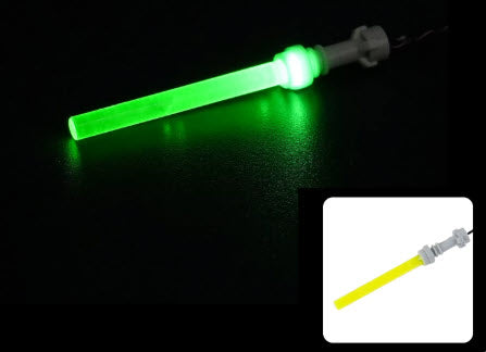 "USB plug-in LEGO-compatible lightsaber with glowing blade for minifigure use"