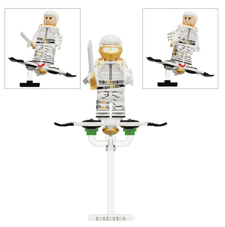 Green Goblin LEGO minifigure, goblin villain custom figure, flying villain brick toy, pumpkin bomb minifig, fan-made Marvel LEGO, Spider-Man enemy figure, glider villain minifig, LEGO compatible bad guy
